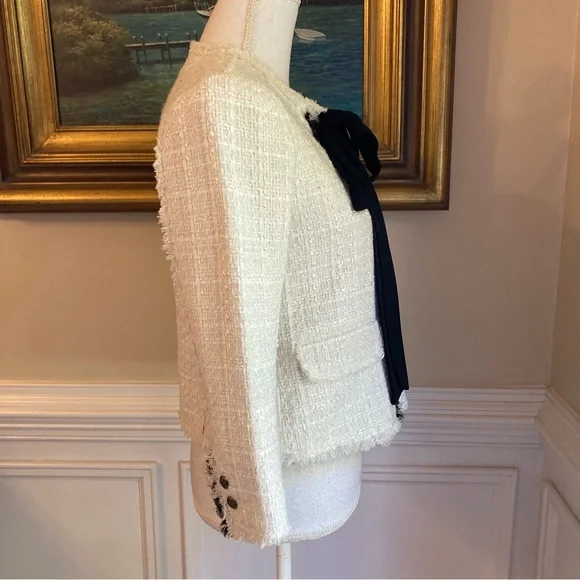 ZARA Ivory White Black Bow Tweed Blazer Jacket - Picture 5 of 12